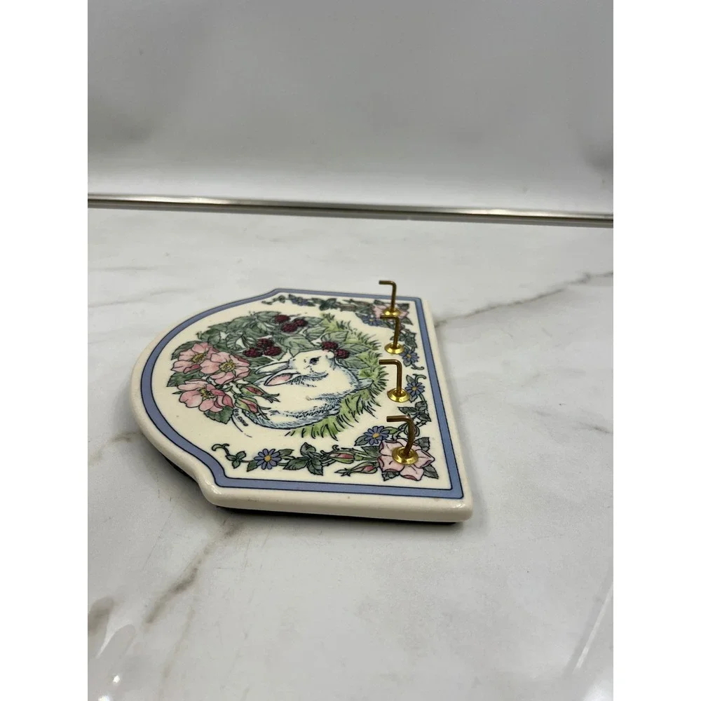 Vintage Ceramic Rabbit Key Rack Wall Hanging Blackberry Floral Bunny Plaque